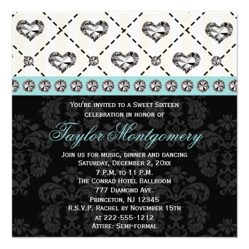 Aqua Diamond Heart Sweet Sixteen Invitations