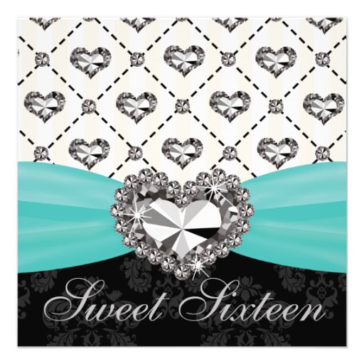 Aqua Diamond Heart Sweet Sixteen Invitations (front side)