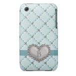 Aqua Faux Quilted Rhinestone Heart iPhone 3g 3gs C iPhone 3 Case-Mate Case