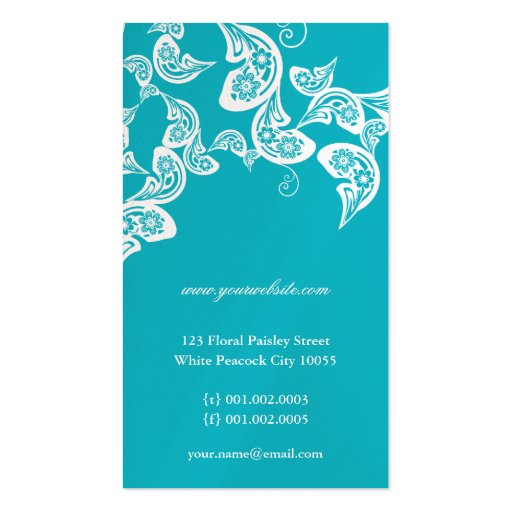 Aqua Floral Paisley Peacock Stylish Chic Elegant Business Card Template (back side)