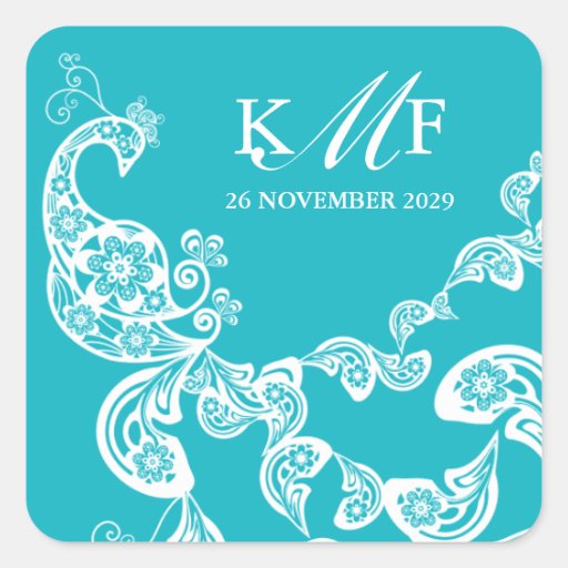 Aqua Floral Paisley White Peacock Wedding Favor Stickers
