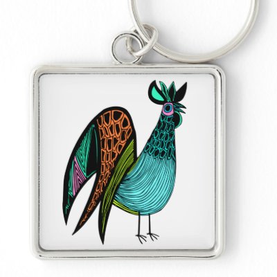 Aqua Folk Art Rooster Keychains by Chicken_Dance