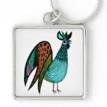 Aqua Folk Art Rooster Keychains