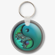 Aqua Fractal Yin Yang Keychain by webgrrl