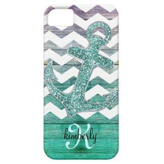 Aqua Glitter Anchor Chevron on Wood Personalized iPhone 5 Cover