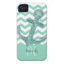 Aqua Glitter Anchor White Chevron Personalized iPhone 4 Cases
