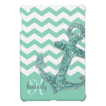 Aqua Glitter Anchor White Chevron Personalized Case For The iPad Mini