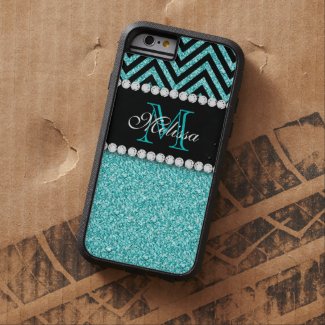 AQUA GLITTER BLACK CHEVRON MONOGRAM TOUGH XTREME iPhone 6 CASE
