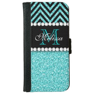 AQUA GLITTER BLACK CHEVRON MONOGRAM iPhone 6 WALLET CASE