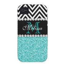 AQUA GLITTER BLACK CHEVRON MONOGRAMMED iPhone 4 CASES