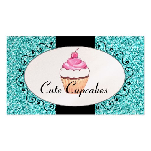 Aqua Glitter Cute Cupcake Bakery Business Card (front side)