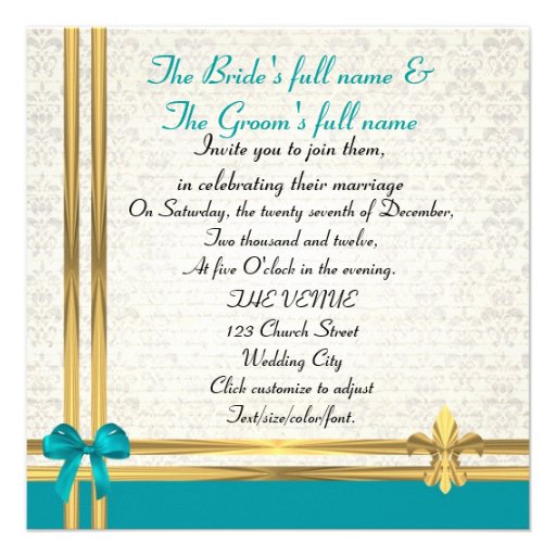 Aqua & gold ribbon with damask custom announcements