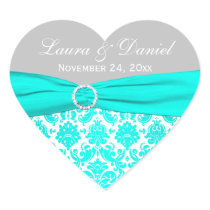 Aqua, Gray, and White Damask Heart Shape Sticker