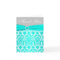 Aqua, Gray, and White Damask Thank You Card