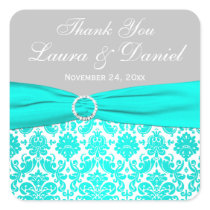 Aqua, Gray, and White Damask Wedding Favor Sticker