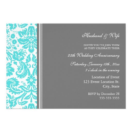 Aqua Gray Damask 25th Anniversary Invitation