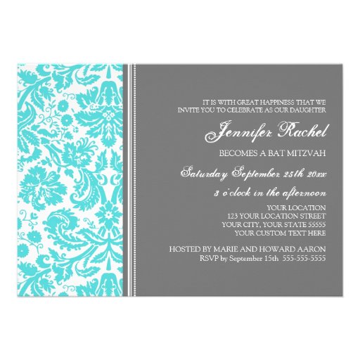 Aqua Gray Damask Bat Mitzvah Invitations