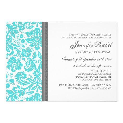 Aqua Gray Damask Bat Mitzvah Invitations