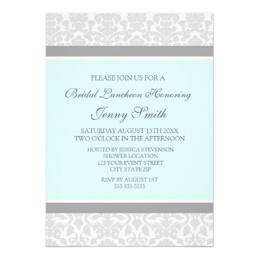 Aqua Gray Damask Bridal Lunch Invitation Cards