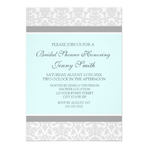 Aqua Gray Damask Bridal Shower Invitation Cards