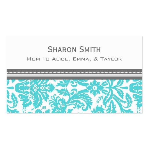 Aqua Gray Damask Mom Calling Cards Business Card Templates (front side)