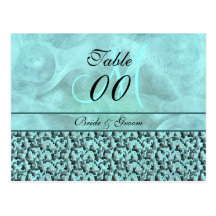 Aqua gray "table number" wedding damask post card
