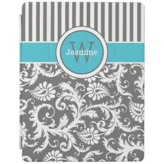 Aqua Gray White Stripes, Damask iPad 2/3/4 Cover iPad Cover