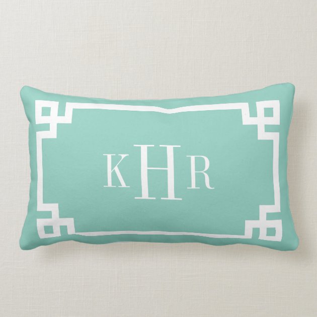 Aqua Greek Key Border Custom Monogram Pillow