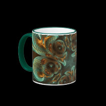 Aqua Green & Gold & Spiral Fractal Art mugs