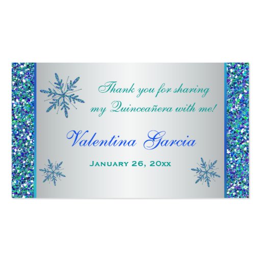 Aqua Green Silver Snowflakes Quinceanera Favor Tag Business Card Template (front side)