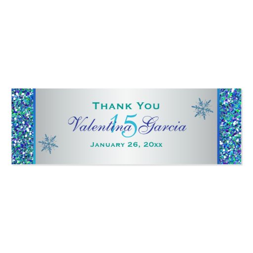 Aqua Green Silver Snowflakes Quinceanera Favor Tag Business Card Templates (front side)