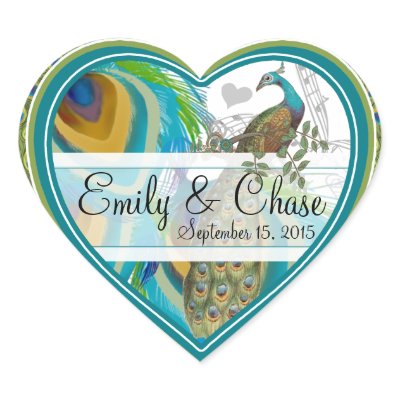 Aqua Grey 3 Peacock Feathers Wedding Sticker