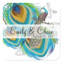 Aqua Grey 3 Peacock Feathers Wedding Sticker