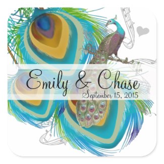 Aqua Grey 3 Peacock Feathers Wedding Sticker sticker
