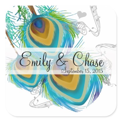 Aqua Grey 3 Peacock Feathers Wedding Sticker