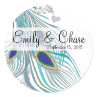 Aqua Grey 3 Peacock Feathers Wedding Sticker sticker