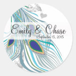 Aqua Grey 3 Peacock Feathers Wedding Sticker