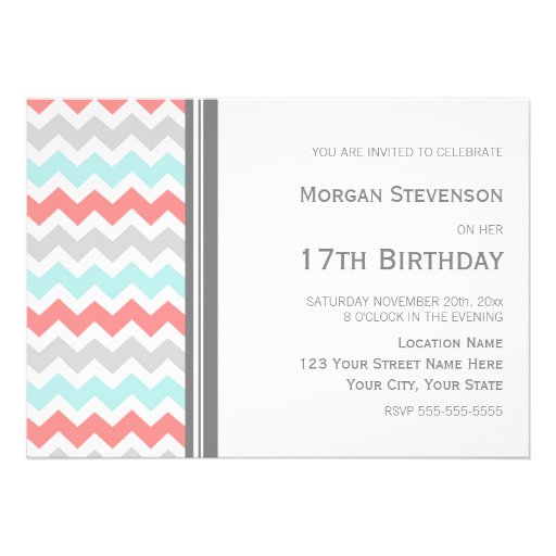 Aqua Grey Chevron 17th Birthday Party Invitation