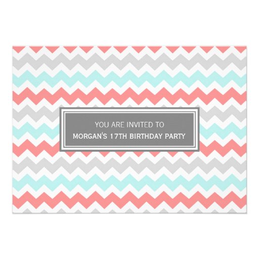 Aqua Grey Chevron 17th Birthday Party Invitation