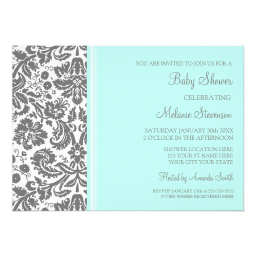 Aqua Grey Damask Custom Baby Shower Invitations