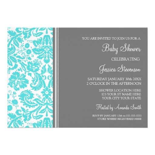 Aqua Grey Damask Custom Baby Shower Invitations