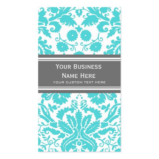 Aqua Grey Damask Floral Business Cards