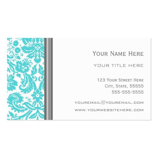 Aqua Grey Damask Floral Business Cards (back side)