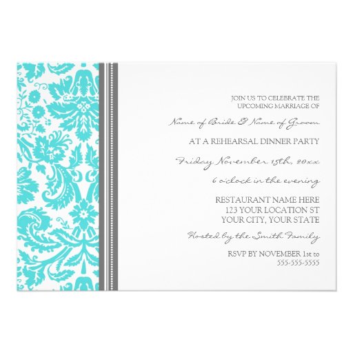 Aqua Grey Damask Rehearsal Dinner Party Cards