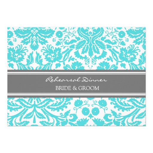 Aqua Grey Damask Rehearsal Dinner Party Cards