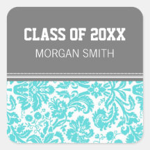 Aqua Grey Pattern Graduation Custom Year Name Stickers