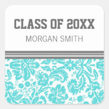 Aqua Grey Pattern Graduation Custom Year Name Square Stickers