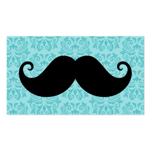 Aqua handlebar mustache on black damask pattern business card (front side)