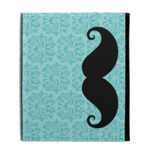 Aqua handlebar mustache on black damask pattern iPad cases
