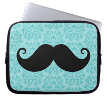 Aqua handlebar mustache on black damask pattern computer sleeves